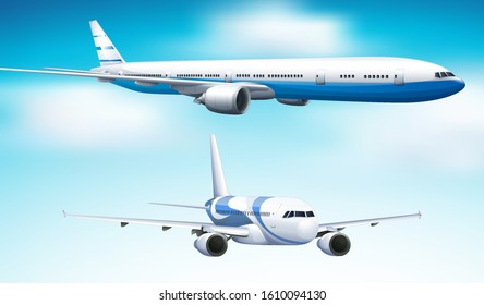 Two airplanes flying in blue sky background illustration