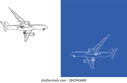 Dos aviones, líneas de la imagen, fondo azul blanco. Ilustración vectorial EPS 10.