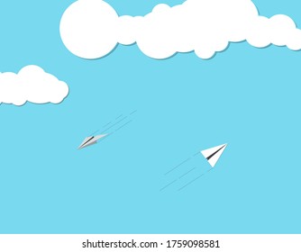 Two airplanes paper flying between clouds, isolated on a blue sky background.  concept for background.  Vector illustration eps 10.