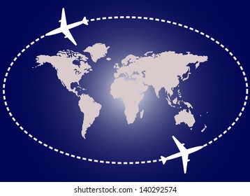 Two airplanes and world map