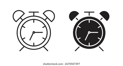 Dos iconos del reloj de alarma, una línea de arte y un negro sólido, aislado en blanco. Perfecto para la gestión del tiempo o los conceptos de programación.