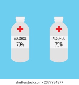Two alcohol bottles isolated on light blue background. bottles containing 70% and 75% alcohol for medical use