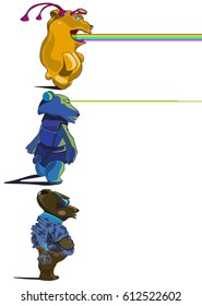 Two alien bears and one Earth bear. One alien bear radiates a rainbow from his mouth. The second bear consists of metal and emits a laser. The third bear loves sweets and chocolate.