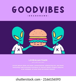 Two aliens character holding burger, illustration for t-shirt, sticker, poster, or apparel merchandise. With pop art style.
