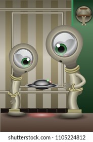 Two aliens checking a little fliying disk like a drone in a vintage room. Vector illustration