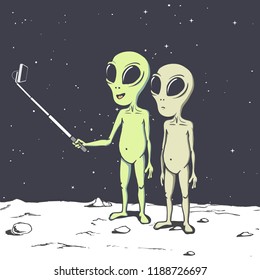 Two aliens make selfie.Humanoids photographs himself.Vector illustration. Space design