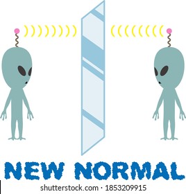 Two aliens talking across a partition. The letters "NEW NORMAL" are laid out at the bottom. New normal and new manner announcement illustrations.