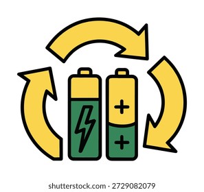 Duas baterias alcalinas com um símbolo amarelo circular de reciclagem de seta, significando conservação de energia e sustentabilidade em uma ilustração gráfica limpa