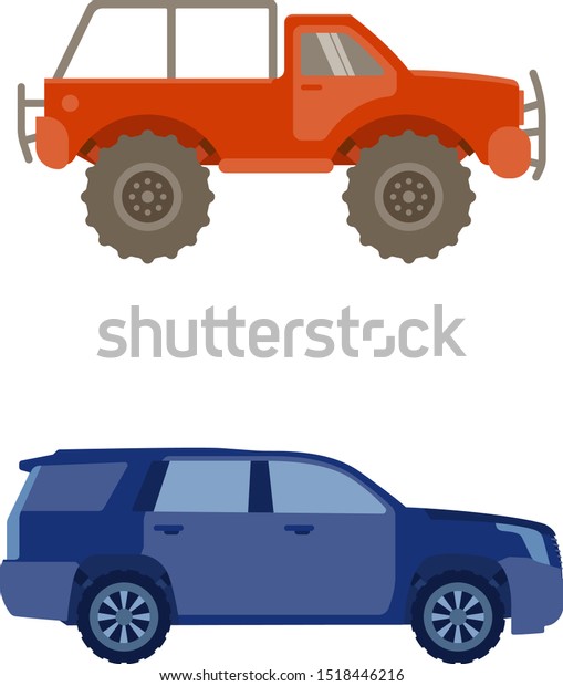 Two\
all terrain vehicles for different uses, one more rugged and red,\
and another more for the family uses in blue\
colour