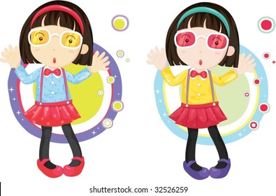 Two almost identical girls in front of strange shapes