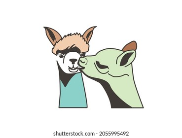 Two alpacas illustration, romantic kiss