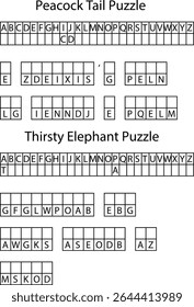 Two Alphabet Letter Puzzles Peacock Tail Thirsty Elephant Grids letters game