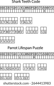 Two Alphabet Letter Puzzles Shark Teeth Code Parrot Lifespan Grids letters