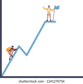 Two alpinists on the graph diagram. One man is climbing diagram, one man reached the top. Flat styled vector illustration isolated on white background.