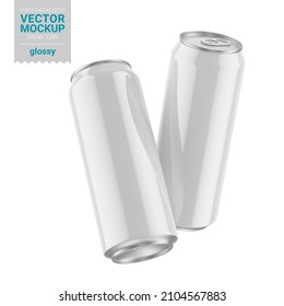 Two aluminum drink cans with white glossy finish. 500 ml. Photo-realistic packaging mockup template. Contains an accurate mesh to wrap your artwork with the correct envelope distortion