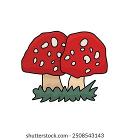 Two of amanita toadstool cartoon hand drawn mushrooms. Vector pair of fly agaric isolated illustration on a white background