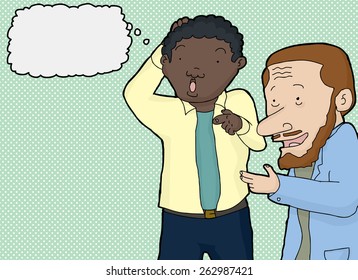 Two amazed mature men thinking and pointing
