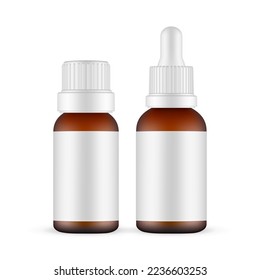 Two Amber Dropper Bottles With Blank Labels, Front View, Isolated on White Background. Vector Illustration