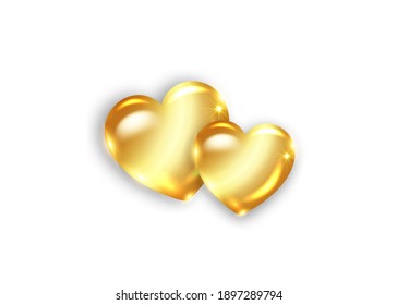 two amber hearts. Happy Valentine's Day. Gold glossy Amber heart. Love concept. Elegant shiny jewelry vector isolated on white background 