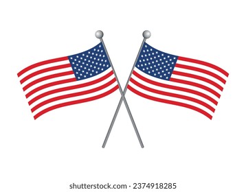 Dos norteamericanos cruzaron banderas de ilustración vectorial. Dos vectores cruzados de iconos de bandera estadounidense aislados en un fondo blanco. Indicador del elemento de diseño gráfico de los Estados Unidos. Bandera de Estados Unidos en un símbolo de polo