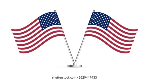 Two American flags on silver poles. Crossed flying USA national flags on metal sticks. Patriotic symbol of United States of America. Realistic vector illustration.