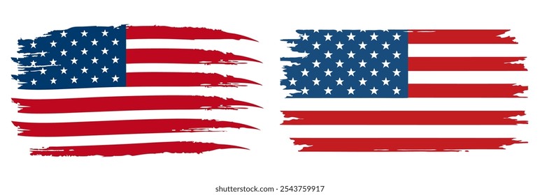 Two American flags, one with a red stripe and one with a blue stripe. The flags are blurry and have a worn appearance, giving them a sense of history