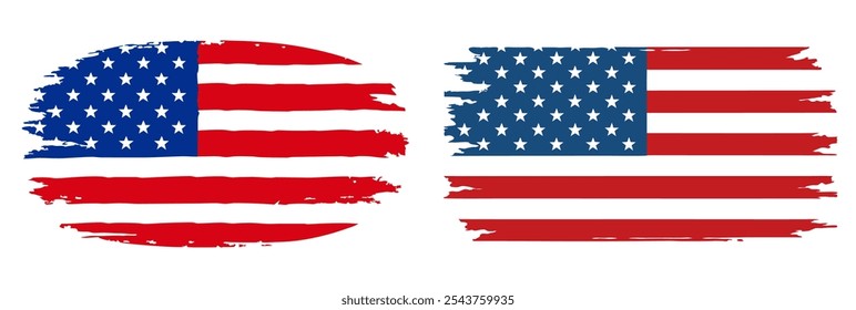 Two American flags, one with a red stripe and one with a blue stripe. The flags are blurry and have a worn appearance, giving them a vintage or aged look