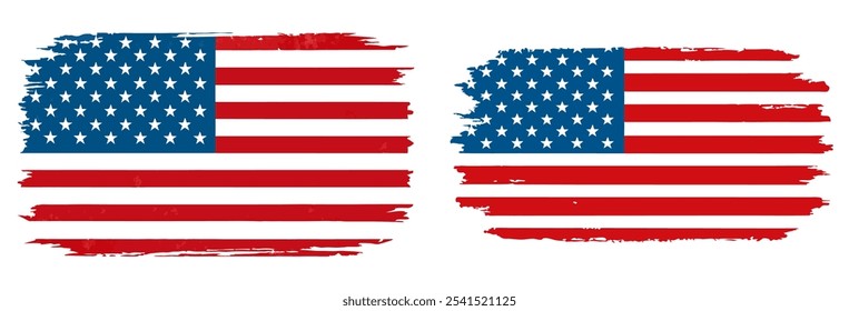 Two American flags with red, white and blue stripes. One is blurry and the other is not