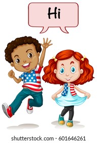 Two american kids saying hi illustration
