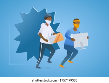 Two American men go one by one fleeing the store with electrical goods. Protest turned into riots. Looters Rob stores. Politics problems in USA. Vector flat illustration concept on blue background.