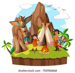 Two american natives at the campsite illustration