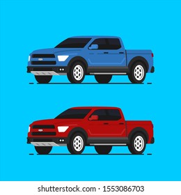 Two american pickup vector illustrayion in flat style. Red and blue truck isolated. Auto side view.