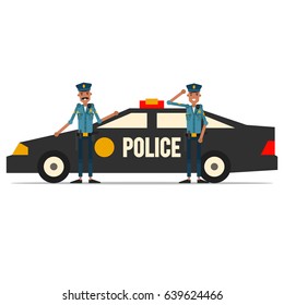 Two american policemen with a patrol car. Vector illustration isolated on white background.