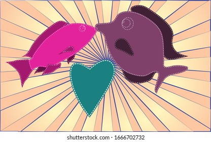 Two amorous kissing aquarium sea river fish and hearts on a background of abstract yellow rays. Vector illustration.