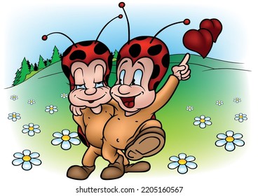 Two Amorous Ladybugs with Hearts - Colored Cartoon Illustration with Background, Vector