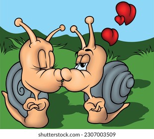 Two Amorous Snails with Hearts - Colored Cartoon Illustration with Background, Vector