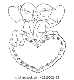 Two amour cupid babies holding heart in their hands on a white isolated background.Hand drawing vintage angels vector illustration.Isolated little cherubs for decorate on valentine's day.Coloring book