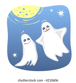 Two amusing ghosts on a background of the night sky.