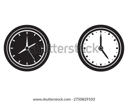 Two analog wall clocks with black and white faces and hour minute hands clocks show different times