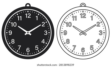 Two analog wall clocks are depicted in a black and white silhouette style featuring visible hour minute and second hands.