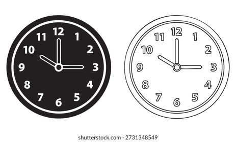 Two analog wall clocks one with a black face and white numbers and one with a white face and black numbers and lines both showing the same time isolated on white background