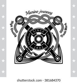 Two Anchors Cross With Rope. Sea Vintage Black Label Isolated On White