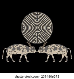 Two ancient Egyptian cows holding a round spiral maze or labyrinth symbol. Creative concept. On black background.