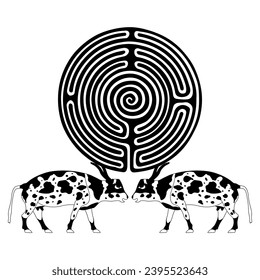 Two ancient Egyptian cows holding a round spiral maze or labyrinth symbol. Creative concept. Black and white silhouette.