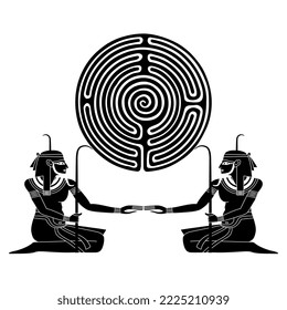 Two ancient Egyptian gods or pharaohs holding a round spiral maze or labyrinth symbol. Nile god Hapi. Creative concept. Mystery of knowledge. Black and white silhouette.