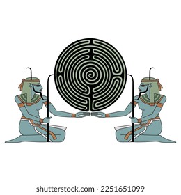 Two ancient Egyptian gods or pharaohs holding a round spiral maze or labyrinth symbol. Nile god Hapi. Creative concept. Mystery of knowledge.