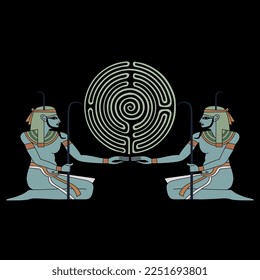 Two ancient Egyptian gods or pharaohs holding a round spiral maze or labyrinth symbol. Nile god Hapi. Creative concept. Mystery of knowledge. On black background.