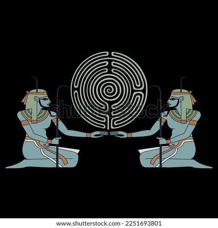Two ancient Egyptian gods or pharaohs holding a round spiral maze or labyrinth symbol. Nile god Hapi. Creative concept. Mystery of knowledge. On black background.