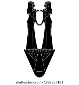 Two ancient Egyptian women standing on lotus flower. Black and white negative silhouette. Symmetrical ethnic design.