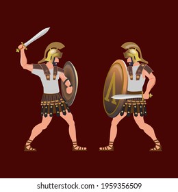 Two ancient gladiator warriors fight with swords. Vector illustration isolated on dark background